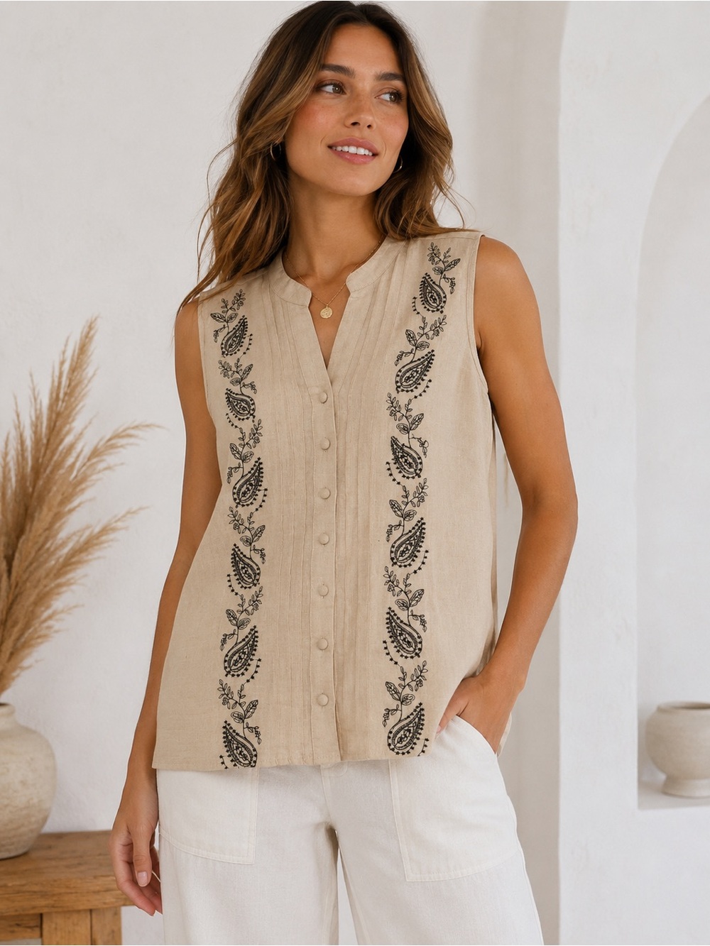 Saint Tropez West 100% Linen Embroidered Sleeveless Top‎ Large